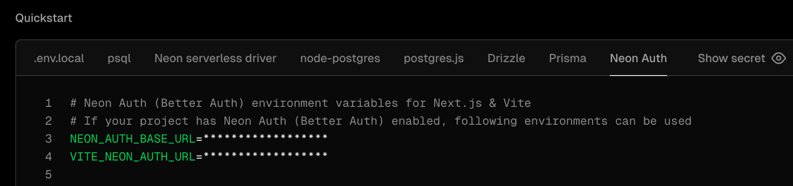 Neon Auth Vercel variables
